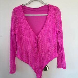 Pink Lace Cutout Bodysuit